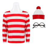 Wheres Waldo Cosplay Striped Shirt Youth Kids Wally Costume Shirt Glasses and Hat Socks Unisex Adults Christmas Cosplay Costumes