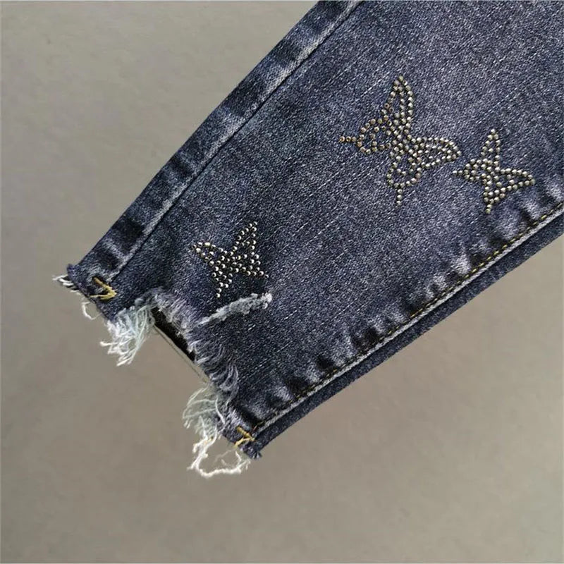 Spring Summer 2024 New Fashion Women's Denim Pants Korean Version Elastic Rhinestone High Waist Skinny Jeans