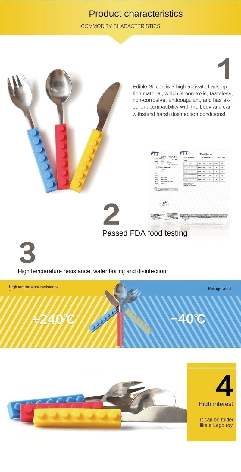 3pcs Stainless Steel Dinnerware Children Western Cutlery Set Knife Fork Spoon Dinner Tableware Silicone Building Blocks Handle