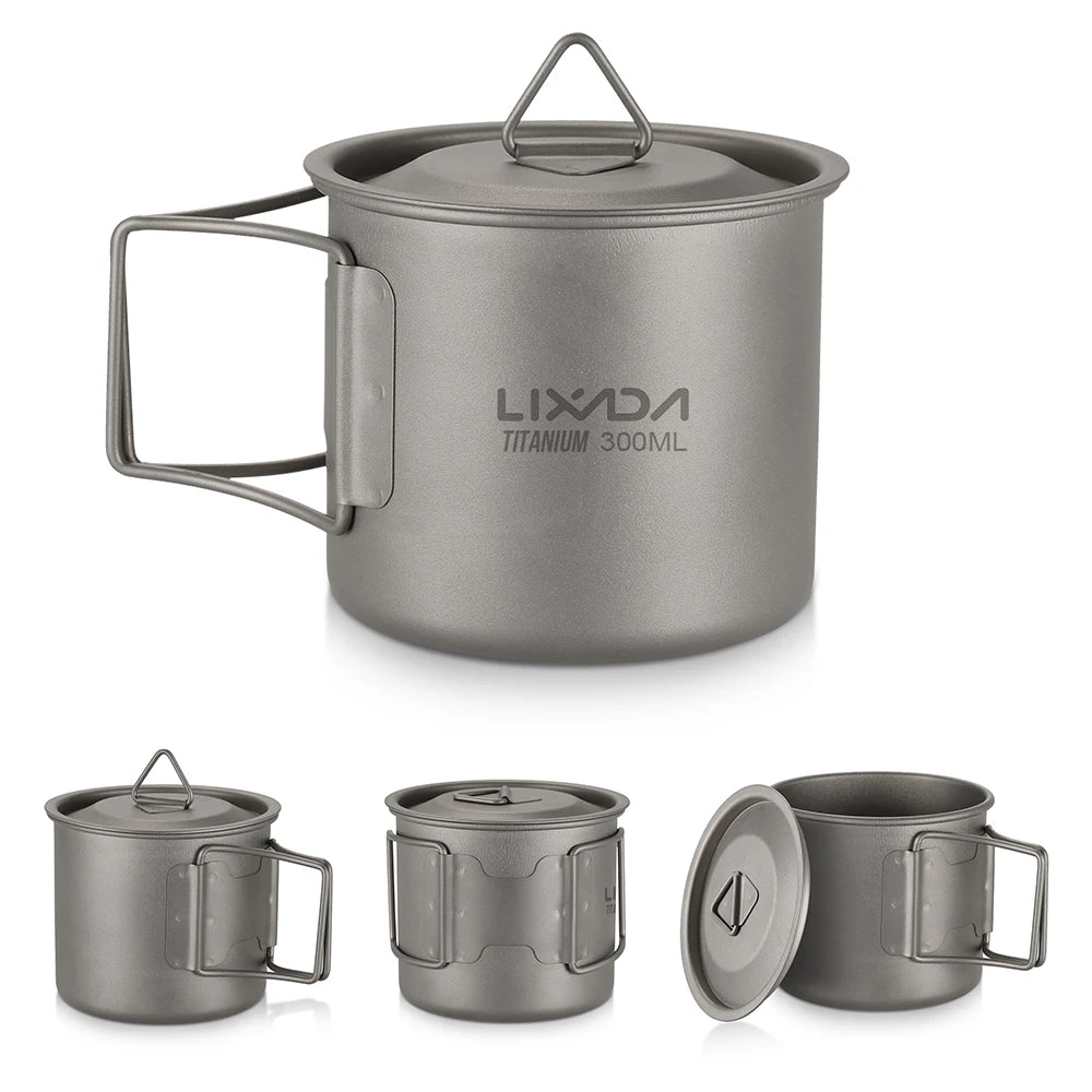 Taza de agua ultraligera de titanio Lixada con asa plegable, portátil para exteriores, camping, picnic, 300 ml/350 ml/550 ml/650 ml