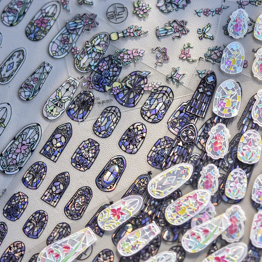 Flash Dreamy Chinese Flower Window Butterfly Glazed Rococo Geometric Frame Stamp Embossed Relief Nail Art Sticker Manicure Decal