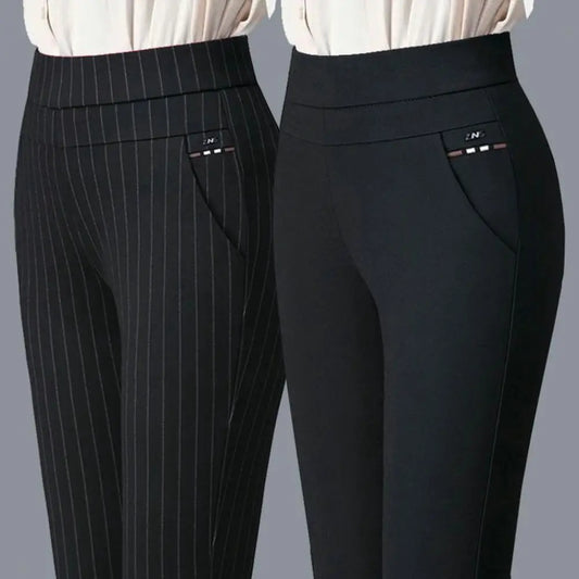Pantalones de primavera para madre, cintura alta, informales, elásticos, con bolsillos, color liso, ajustados, de talla grande, para mujer