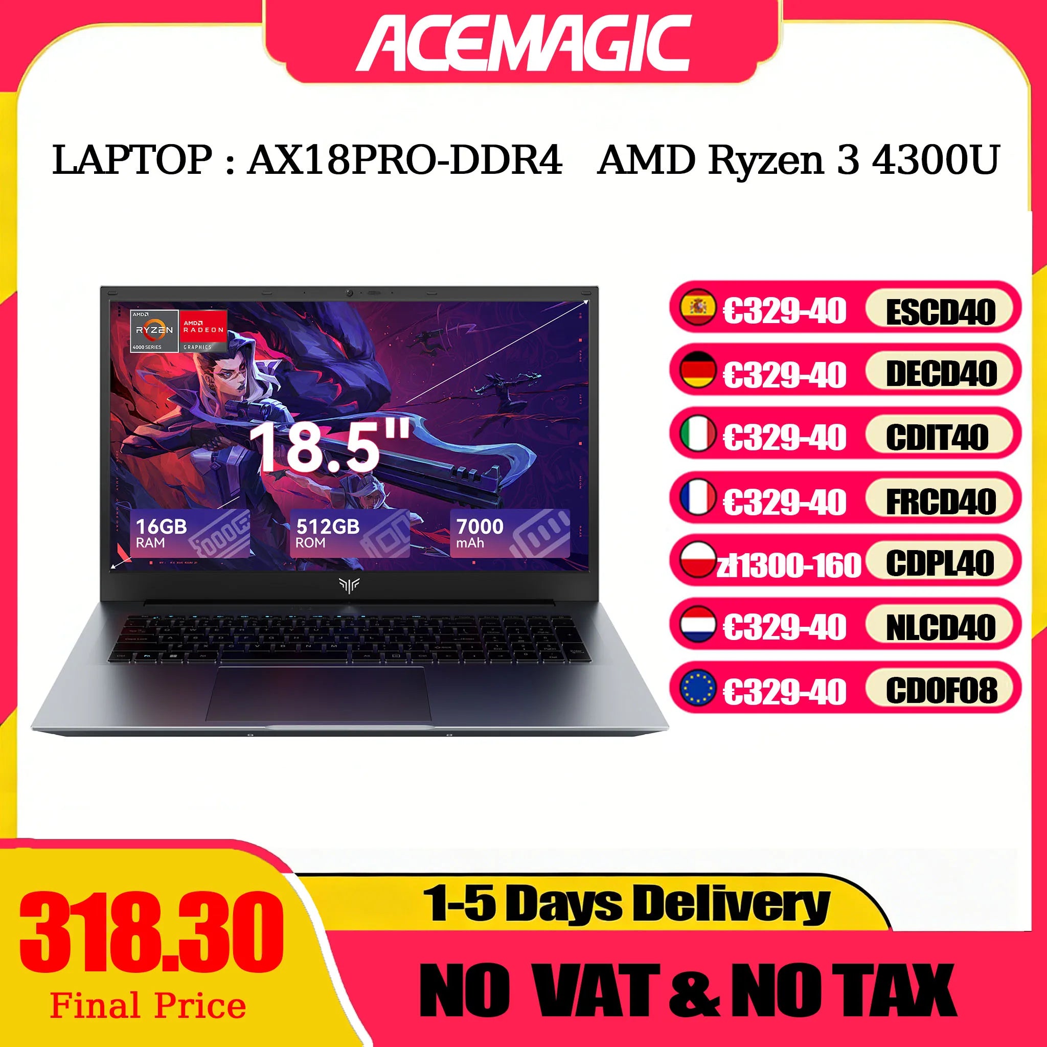 ACEMAGIC 18.5"Laptop Computer Windows 11 PRO 7000 mAh Battery AMD Ryzen 3 4300U Processor 16GB DDR4 RAM 512GB SSD Wifi5