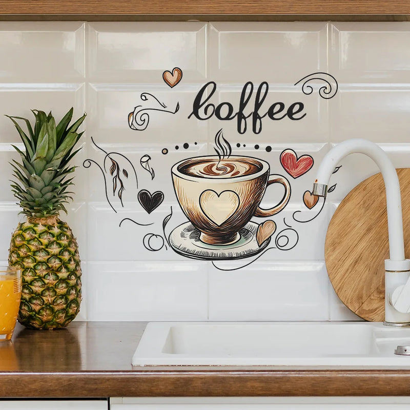 Creative Love Coffee Cup Wall Stickers For Cafe Background Decoration Wallpaper Kitchen Beautify Home Decor Self-adhesive Decals