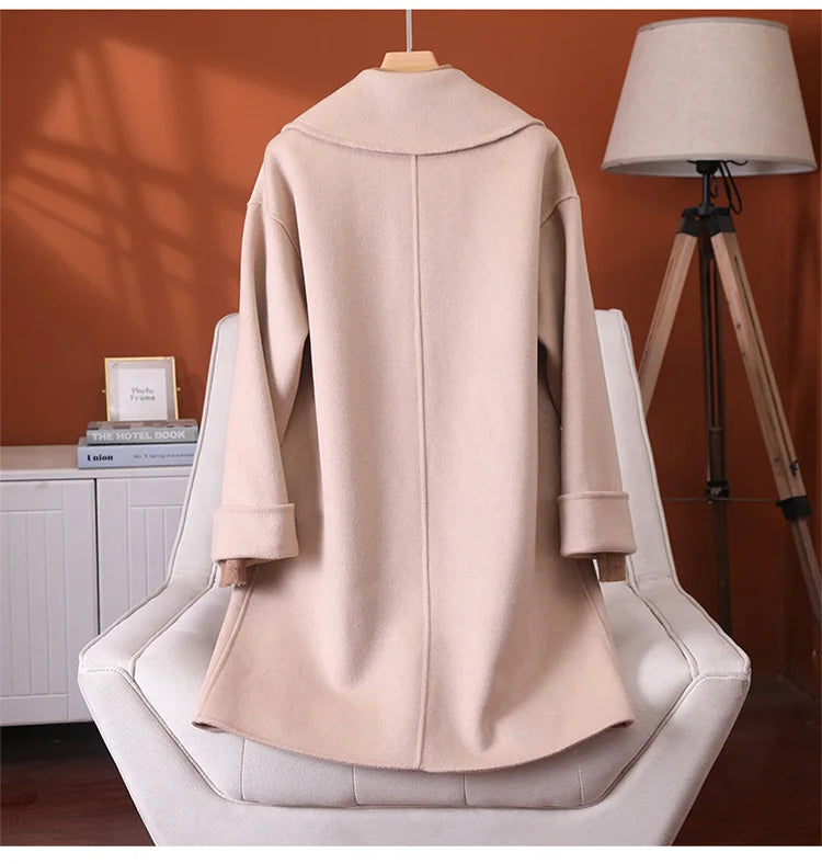 2025 Fashion Large Lapel Horn Button Women's Coat Autumn and Winter New Double-Sided Woolen 100%Pure Wool Warm Coat Large Pocket