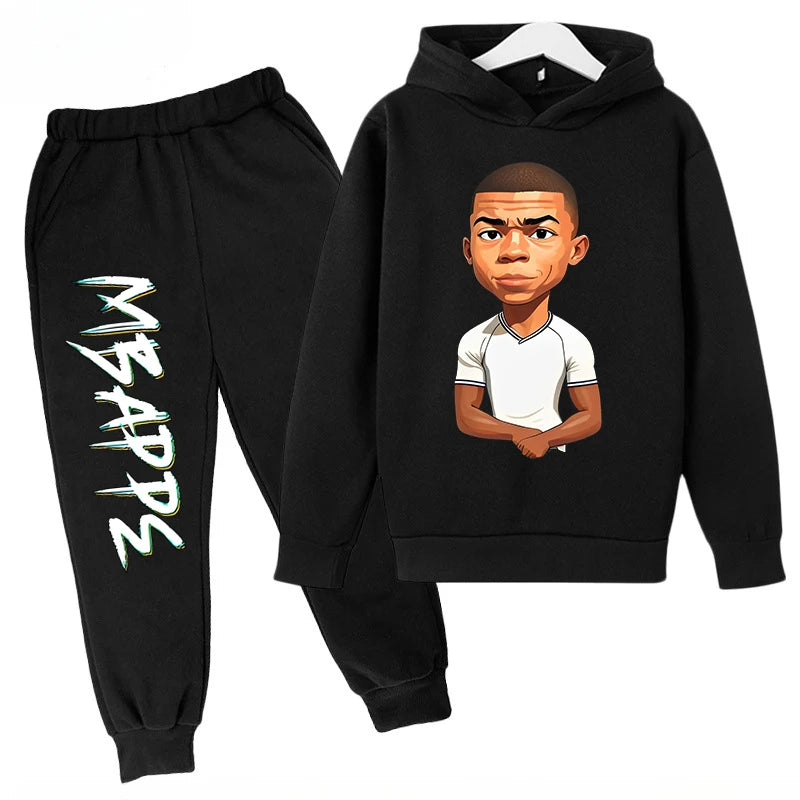 Conjunto de sudadera con capucha para niños, conjunto de sudadera y pantalones con estampado de Mbappe, ropa deportiva de 2 piezas para niños y niñas, primavera y otoño