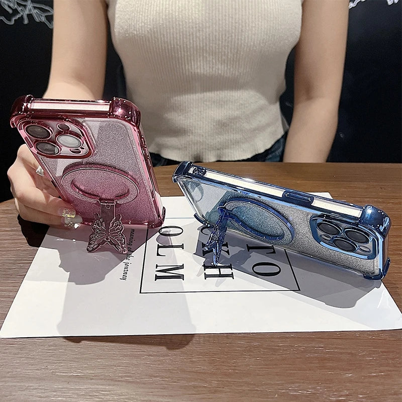 Xiaomi14t Shockproof Plating Butterfly Holder Case On For Xiaomi Mi 14t Pro Mi14t 14 T Mi14tpro Silicone Stand Cover 13t Mi13t