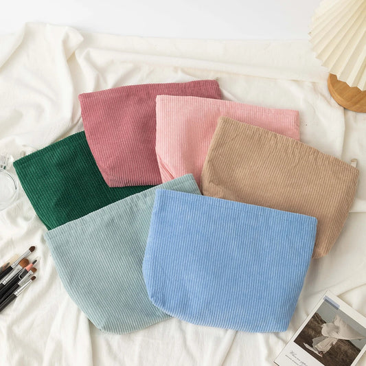 Corduroy Cosmetic Bag Women Korean Solid Color Makeup Organizer Travel Toiletry Pouch Beauty Case