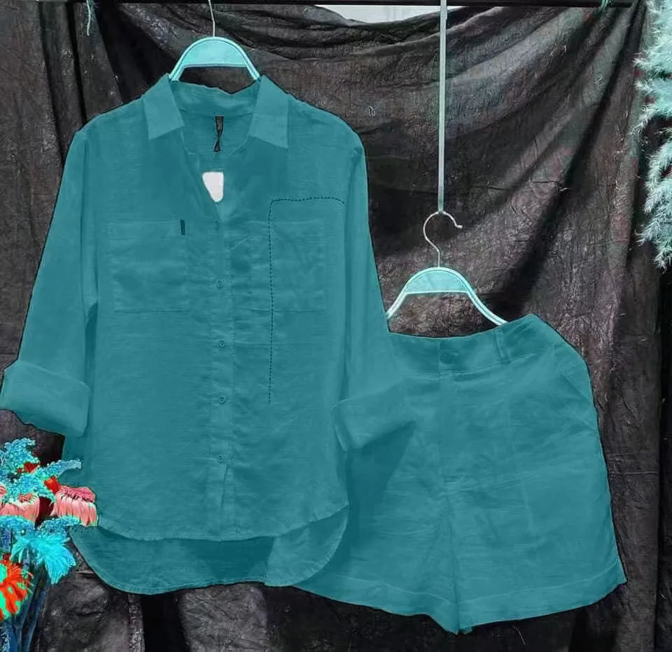 Conjunto informal de dos piezas de lino y algodón para mujer, moda de verano 2024, camisa de manga larga blanca y pantalones cortos, chándal de dos piezas