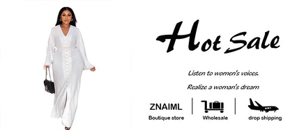 Znaiml Elegant Office Lady White Dresses V Neck Long Sleeve Single Breasted Button Slit Dress Women Fall Birthday Party Clubwear