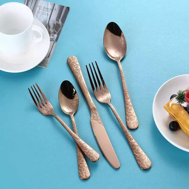 Juego de cubiertos de alta calidad con mango tallado exquisito, vajilla dorada de acero inoxidable, cuchillo, tenedor, cuchara, juego de cubiertos