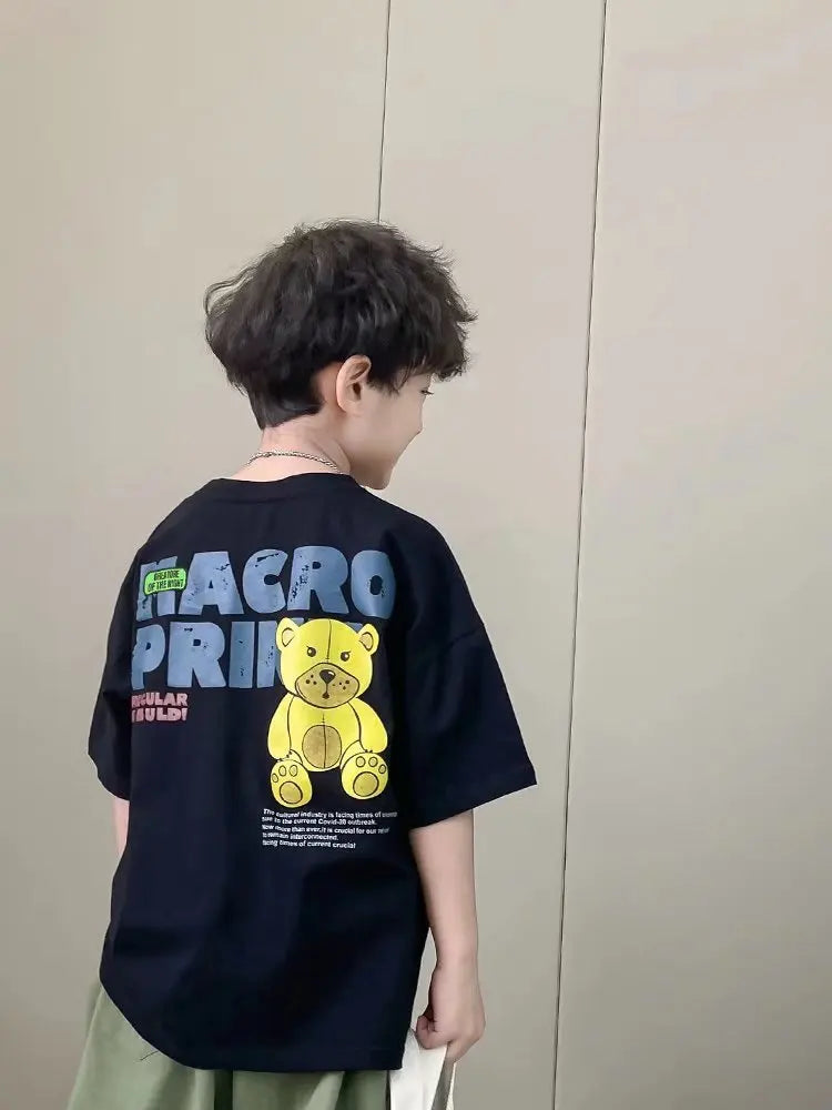 Camiseta de manga corta de verano para niños, Top de cuello redondo para niños pequeños y medianos, moda informal versátil de media manga