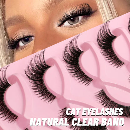 GROINNEYA Cat Eye Lashes 5 Pairs Natural Fake Eyelashes Clear Band Lashes Natural long Winged End Eye Elongated Eyelashes Makeup