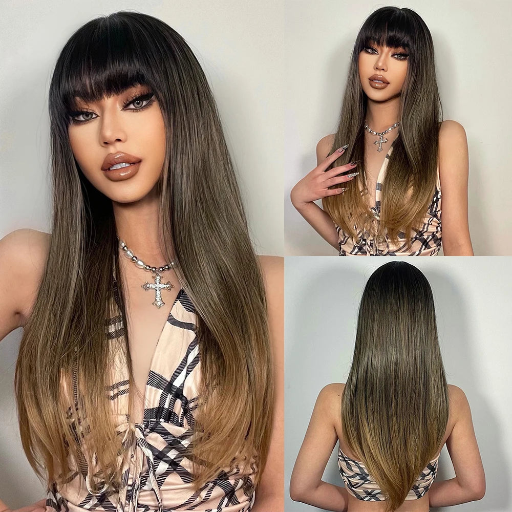 Light Wine Red Synthetic Wigs With Bangs for Women, Long Straight Hair Wig, Natural Cosplay Party, Heat Resistant