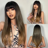 Light Wine Red Synthetic Wigs With Bangs for Women, Long Straight Hair Wig, Natural Cosplay Party, Heat Resistant