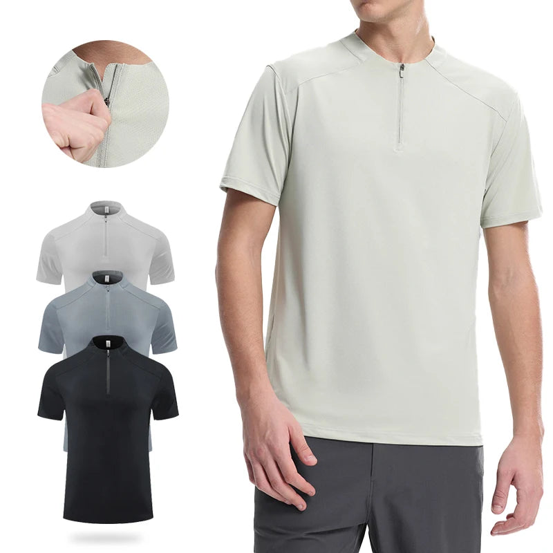 (M-4XL) camiseta de corrida de secagem rápida masculina gola meio zíper roupas de fitness masculina ajuste solto treinamento esportes mangas curtas