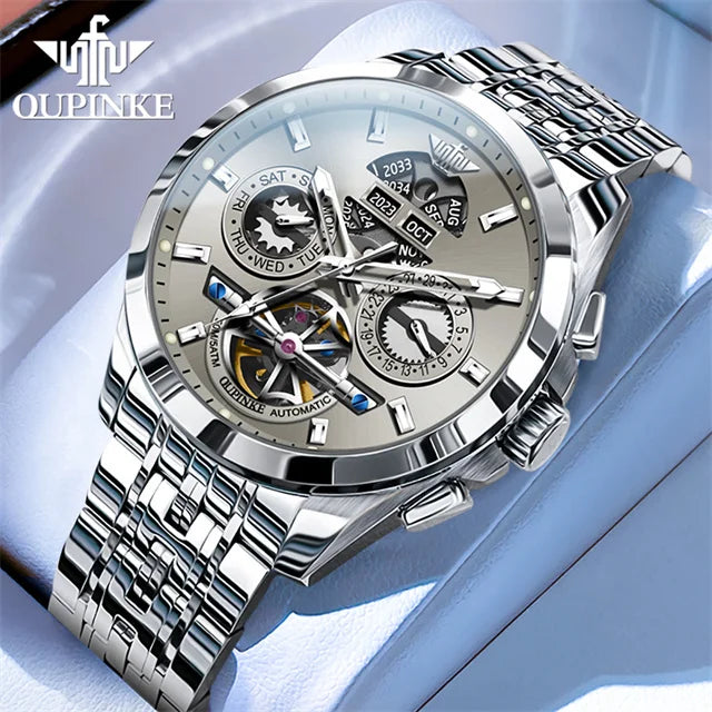 OUPINKE 3251 Skeleton Flywheel Automatic Watch for Men Stainless Steel Waterproof Wristwatch Luxury Sapphire Mirror Men's Watch