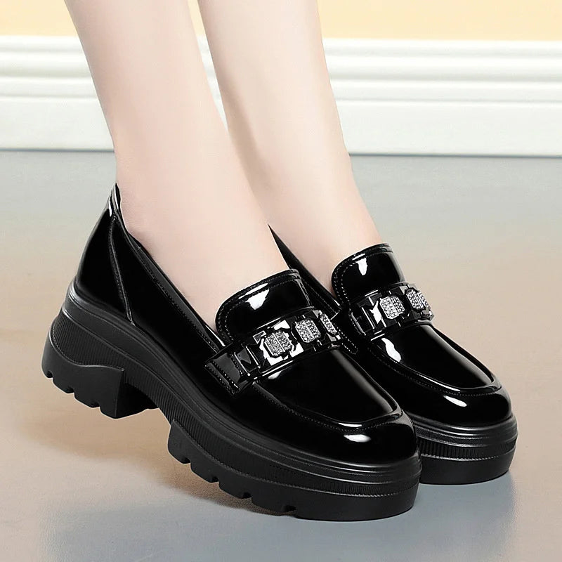5.5cm British Style Thick Bottom Patent Leather Loafers Women's Platform Shoes 2024 Spring Shallow Block Heels Shoes Office
