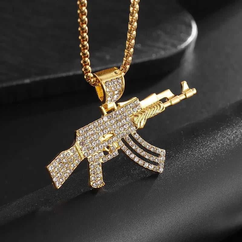 Collar con colgante de circón con incrustaciones de rifle de asalto punk M416 para hombre, estilo hip hop rock, joyería moderna, regalo para niño 