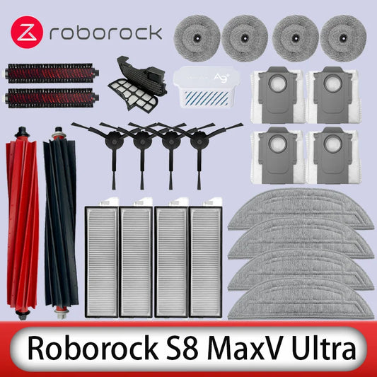 Repuestos para aspiradora robot Roborock S8 MaxV Ultra, cepillos laterales principales, paños de fregado, filtros HEPA, bolsas para polvo y accesorios.