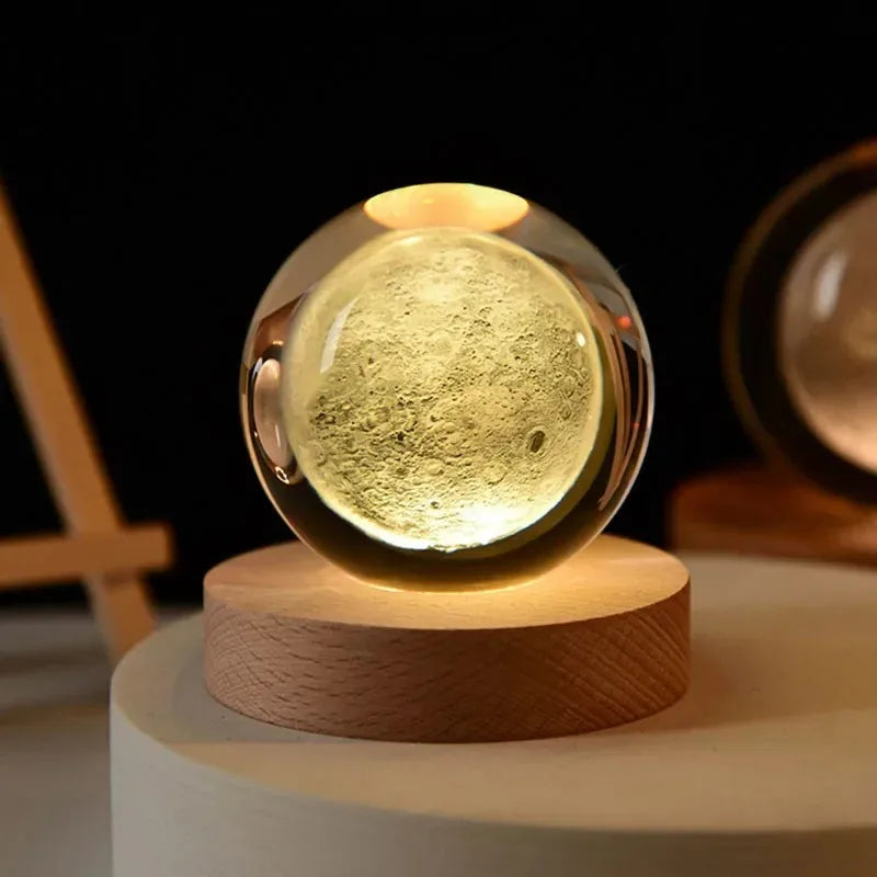6cm 3D Crystal Ball Decoration 2024 Astronomy Solar System Planets Moon Astronaut LED Balls Home Snow Glass Globe Decorations