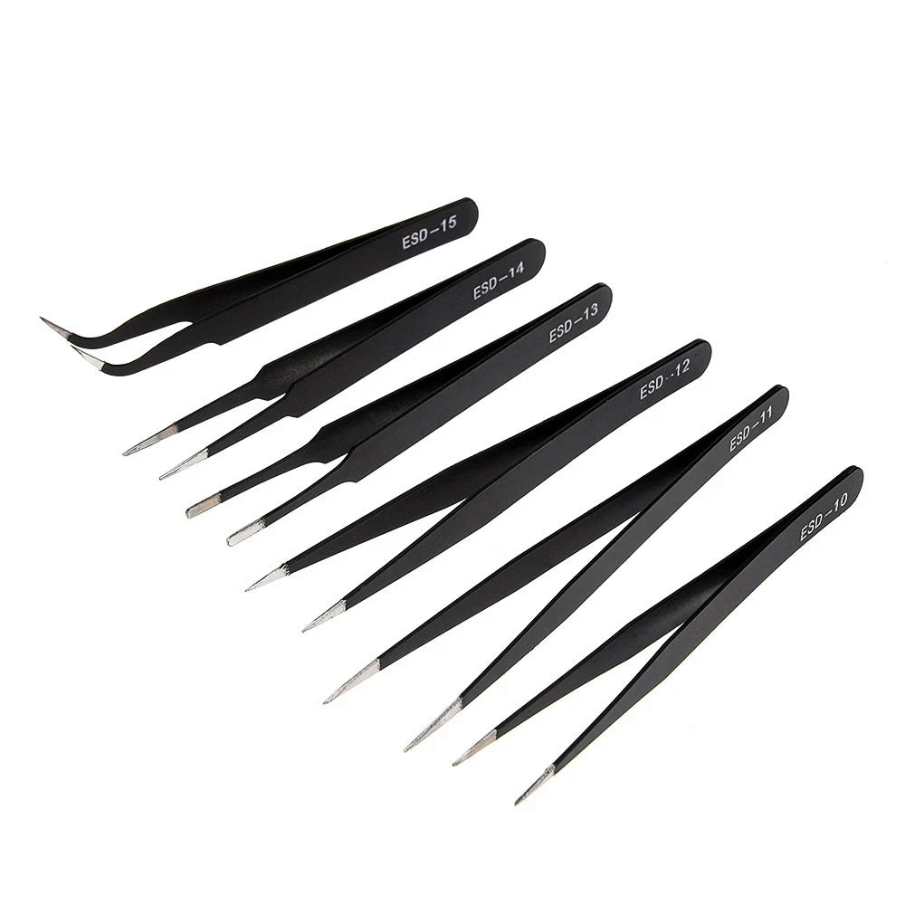 6 pinzas antiestáticas de acero inoxidable para mantenimiento de precisión, reparación industrial, modelismo curvo, herramienta manual.