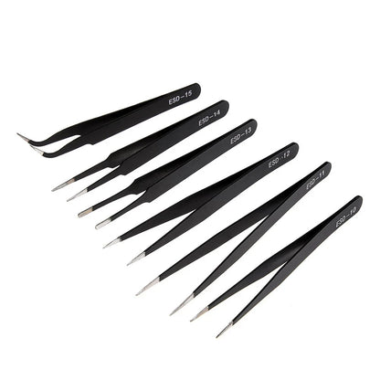6 pinzas antiestáticas de acero inoxidable para mantenimiento de precisión, reparación industrial, modelismo curvo, herramienta manual.