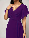 Women's New Solid V Neck Flutter Sleeve Tie Waist Split Wide Leg Jumpsuit Elegant Slimming Versatile Party Daily Casual Jumpsuit