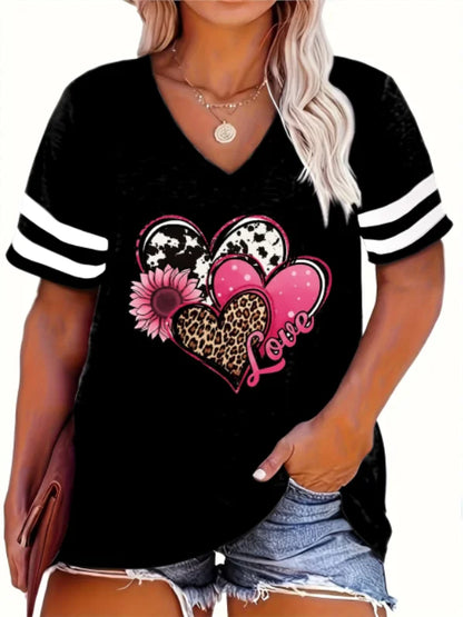 2024 Plus Size Spring/Summer New Love Print Casual Fashion Women's V-Neck Short-Sleeved Loose T-Shirt 5XL  6XL