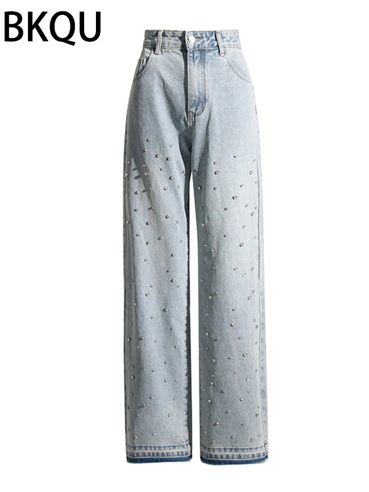 BKQU - Pantalones vaqueros rectos y holgados para mujer, cintura alta, pierna ancha, con diamantes de imitación, largos, moda urbana 2021, pantalones brillantes con diamantes