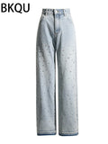 BKQU - Pantalones vaqueros rectos y holgados para mujer, cintura alta, pierna ancha, con diamantes de imitación, largos, moda urbana 2021, pantalones brillantes con diamantes