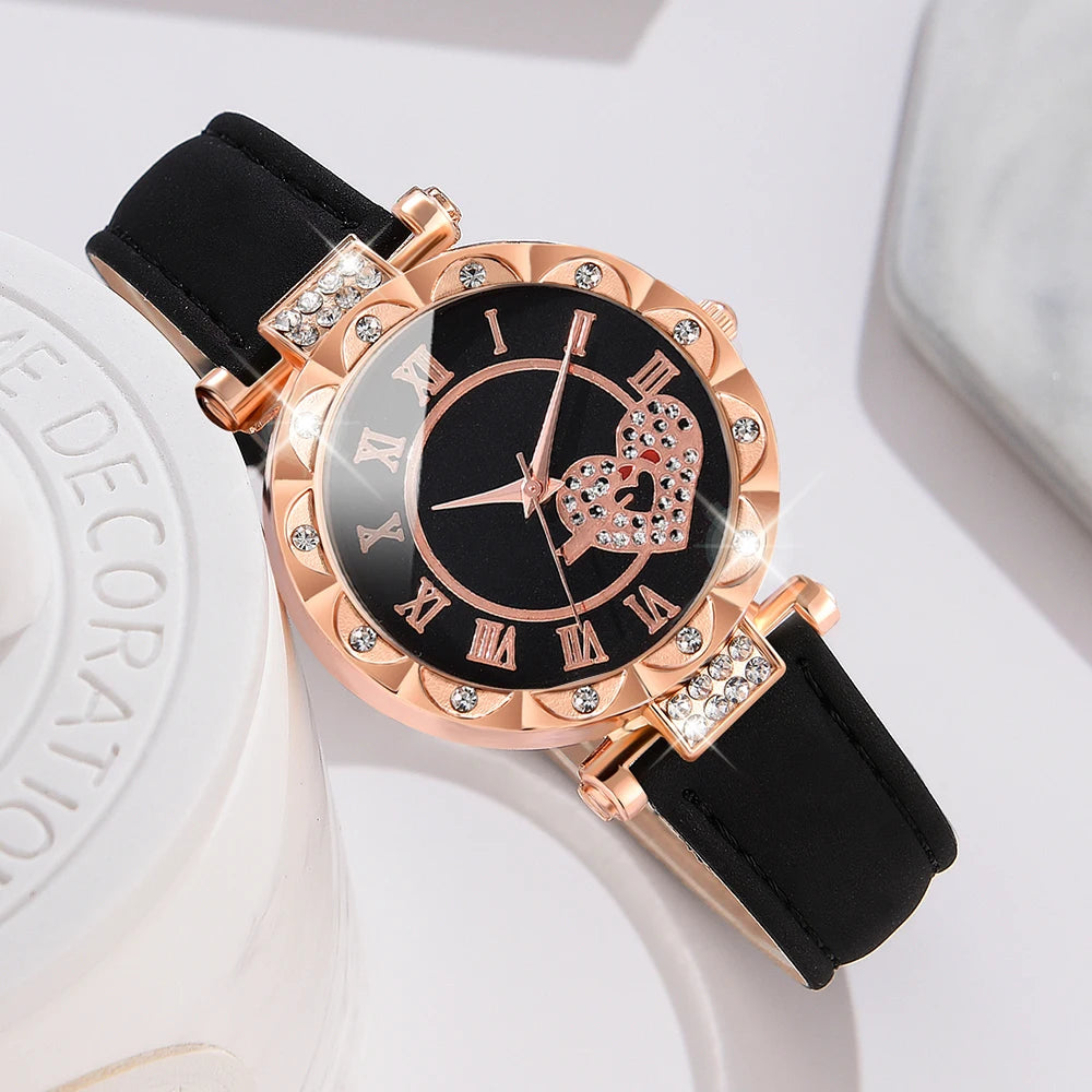 1PCS Simple Luxury Love Element Leather Black Strap Watch Casual Fashion Quartz Watch Is The Perfect Gift For Her (No Box)