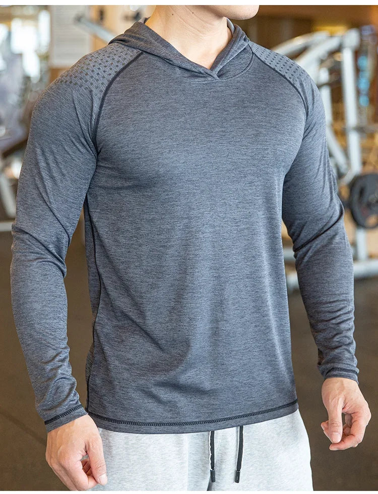 Autumn Gym Men T Shirt Casual Long Sleeve Slim Tops Tees elastic T-shirt Sports Fitness breathable Quick dry Hooded T Shirt