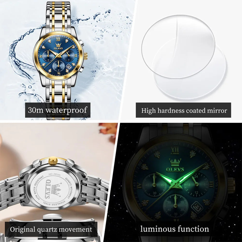 Relógio feminino Olevs de luxo quartzo a prova de agua calendário de pontos elegantes em estilo diamante