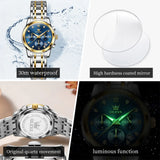 Relógio feminino Olevs de luxo quartzo a prova de agua calendário de pontos elegantes em estilo diamante