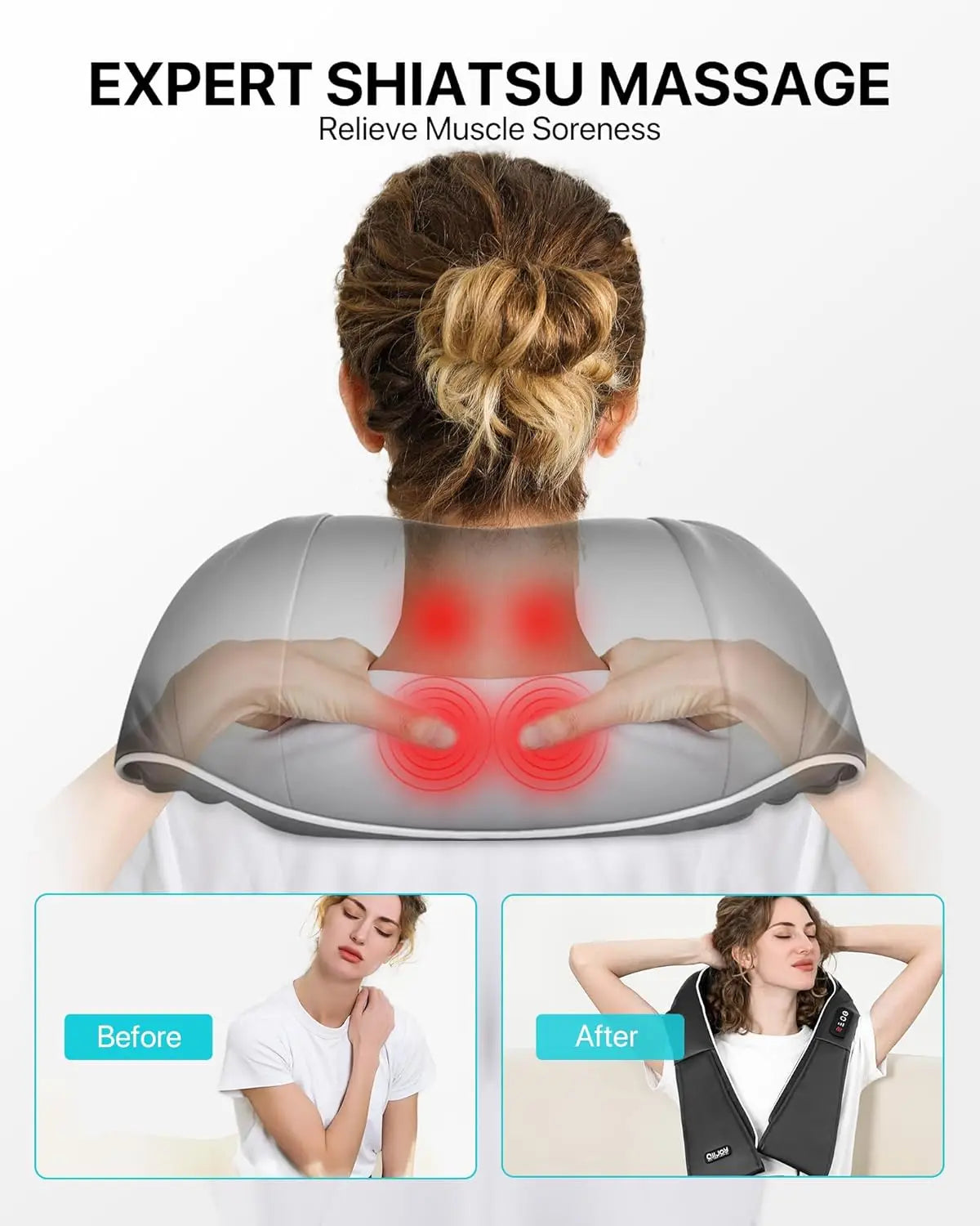 Masajeador Shiatsu de cuello y hombros, masajeador de espalda con calefacción en forma de U, almohada de masaje eléctrico de amasamiento profundo para cuello, cintura, piernas y cuerpo.