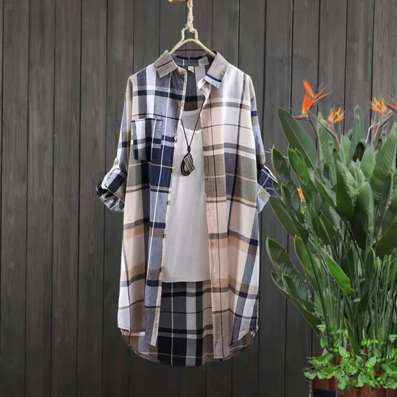 Plaid Cotton Mid Length Blouses Women 2023 Autumn  Long Sleeve Elegant Casual Shirt Korean Fashion New Loose Button Blouses