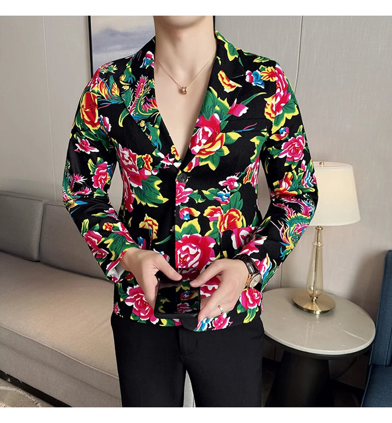 Men Suit 2 Piece Fashion Party Mens Vintage Print Big flower in northeast China Suits Jacket Pants Men Sets