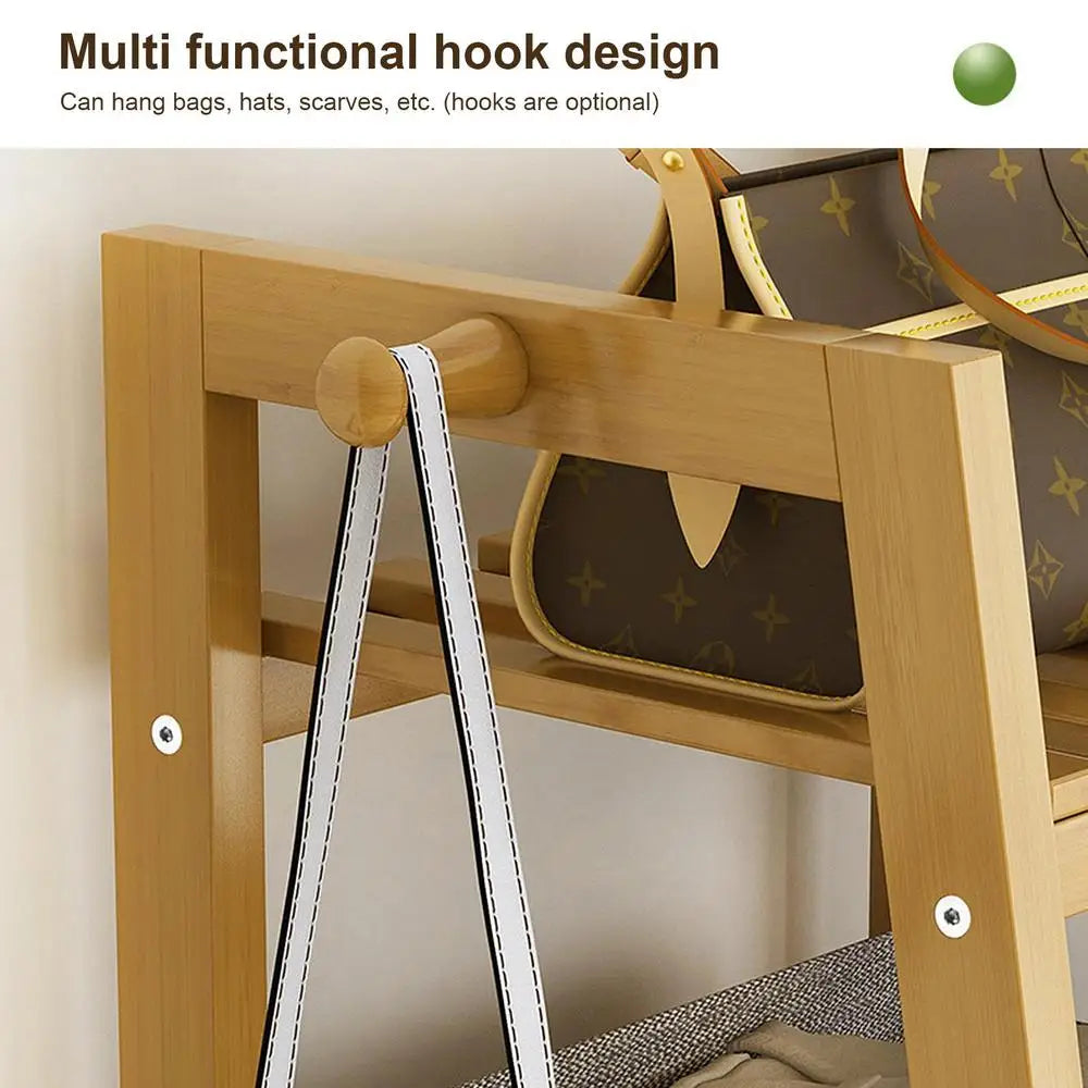 Wooden Garment Coat Clothes Hanging Heavy Duty Rack with top shelf and 2-tier Shoe Clothing Storage Organizer Shelves
