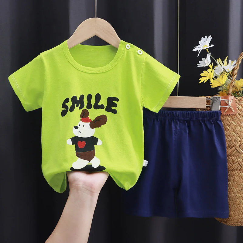 New Boys Summer Clothing Set Full Bear Print Cotton Short Sleeve T-shirts and Shorts 2PCS Breathable Outfit For Girls