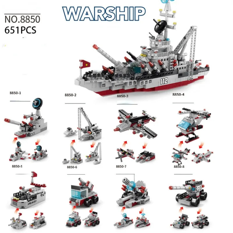 1000+Pcs Navy War Chariot Ship Army Boat Plane Model Warships Building Blocks City Children Toys for Boy