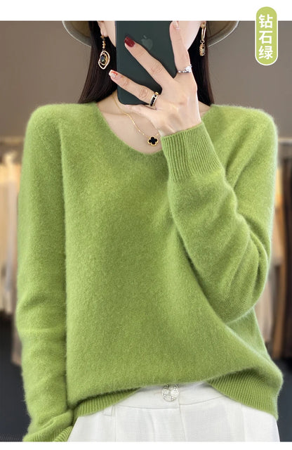 Suéter básico de otoño-invierno 2024 para mujer, 100 % lana merino, cuello en V, tejido de punto liso, jersey de oficina para mujer, manga larga, cachemir.