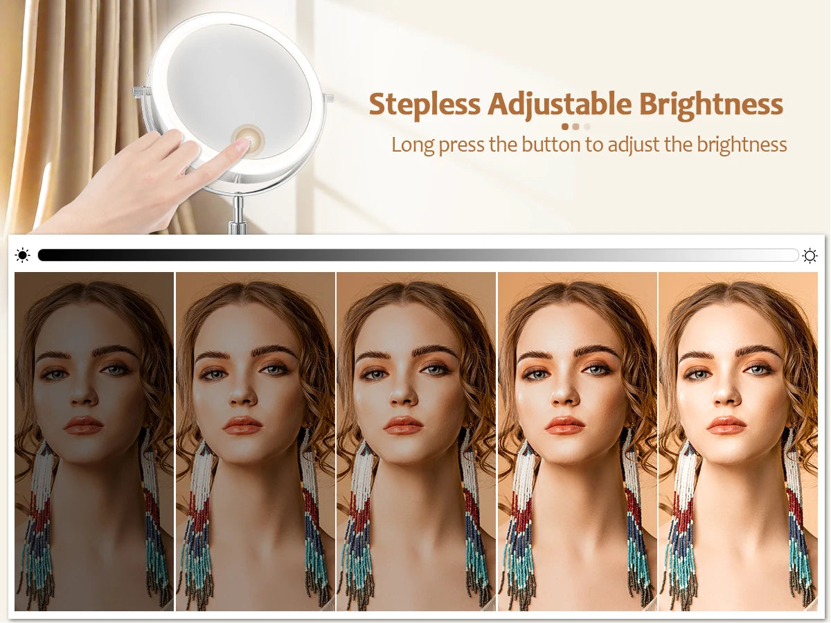 8 Inch Makeup Mirror With Light Lamp 10X Magnification 3 Color Lights,Adjustable Brightness Height Standing Cosmetic Mirror