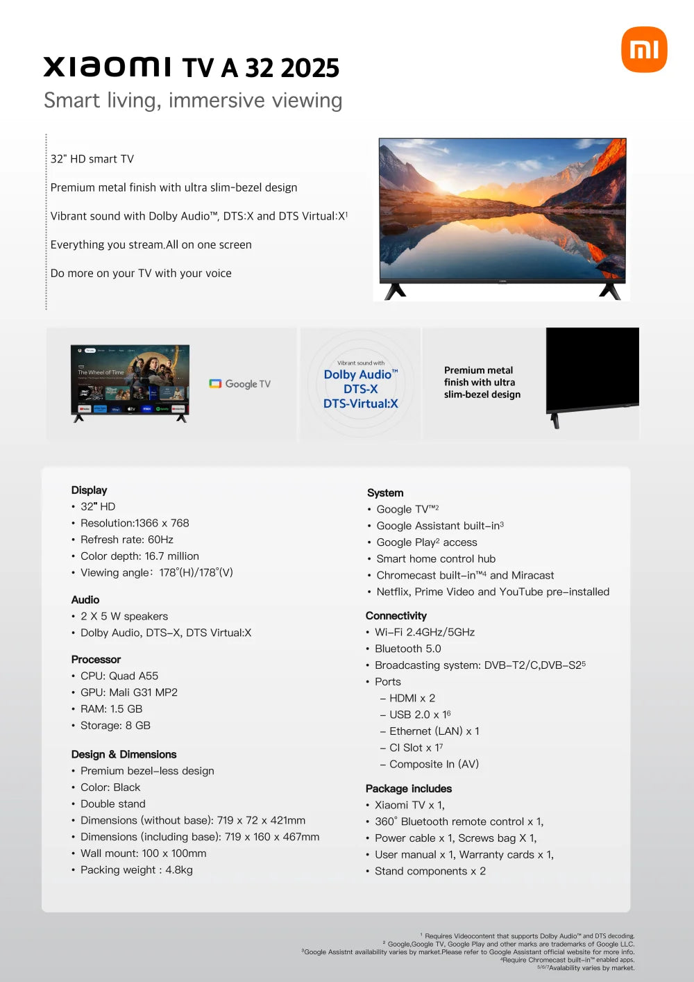 Xiaomi TV A 32, Compact Size With Colorful Screen, Dynamic Sound With Dolby Audio™, DTS-X And DTS Virtual:X, Top-end Metal Fini