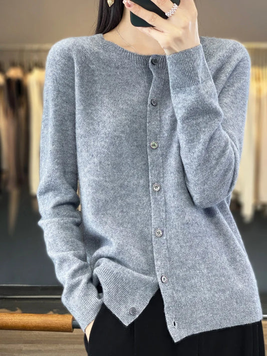 Suéteres de manga larga 100% lana merino, cárdigan de cachemira, primavera otoño, cuello redondo, prendas de punto para mujer, tops básicos de moda.