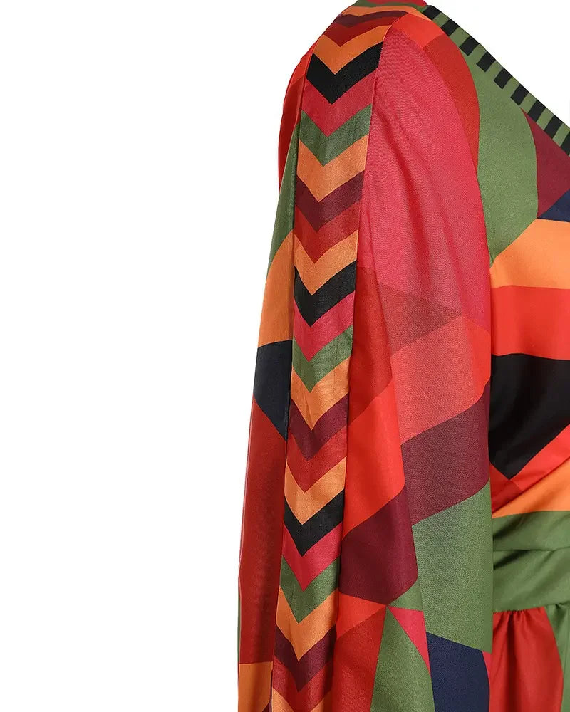 Vestido de estilo urbano para mujer, novedad de verano 2024, informal, con escote en V, estampado geométrico, mangas farol, falda larga con botones