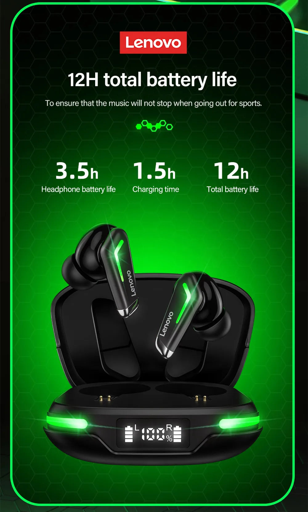 Auriculares deportivos originales Lenovo GM3 Bluetooth 5.0 con reducción de ruido, baja latencia, conexión rápida y modo de espera prolongado.