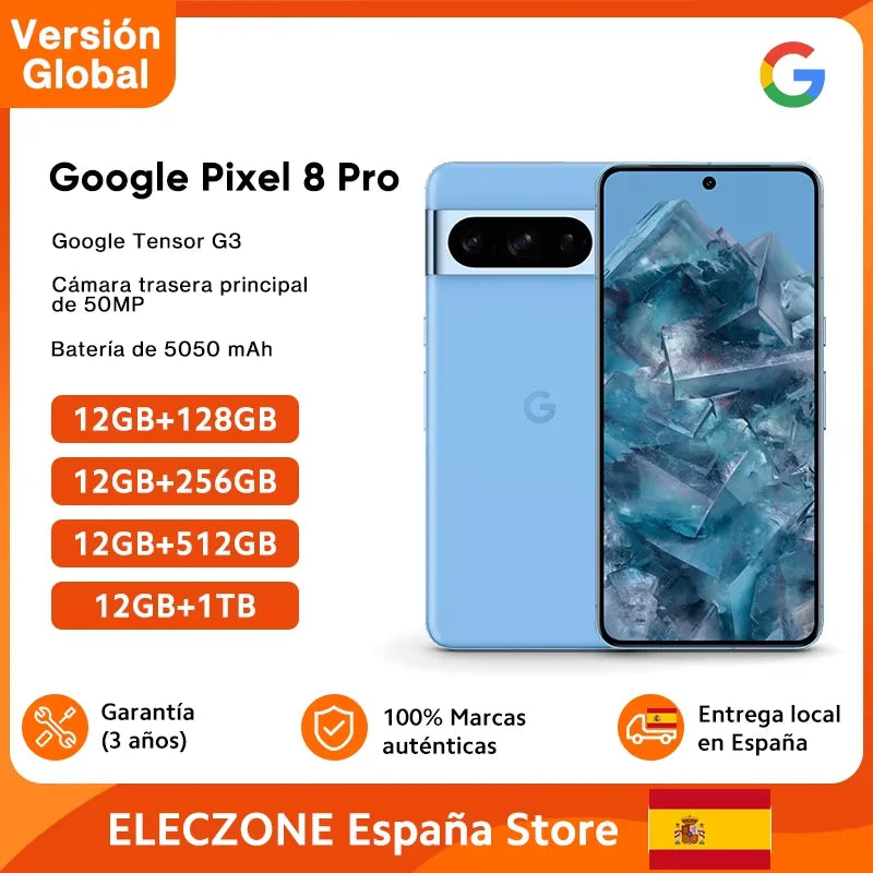 Versión global: Google Pixel 8 Pro 5G, Google Tensor G3, pantalla OLED LTPO de 6,7 pulgadas y 120 Hz, cámara principal de 50 MP, batería de 5050 mAh, IP68.
