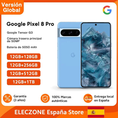 Versión global: Google Pixel 8 Pro 5G, Google Tensor G3, pantalla OLED LTPO de 6,7 pulgadas y 120 Hz, cámara principal de 50 MP, batería de 5050 mAh, IP68.