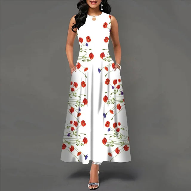Women's V-neck Sleeveless Long Dress Retro Bohemian Dresses Floral Print Swing Casual New 